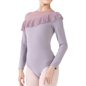 Callan - Long Sleeve Dance Leotard with Slanted Ruffles Around Mesh Shoulder For Women