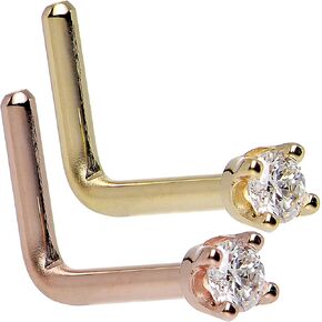 Body Candy 14K Solid Gold Nose Ring Studs Bundle - Yellow and Rose Gold Nose Studs with 1.5mm (0.015 cttw) Genuine Diamond L Shaped 20 Gauge 1/4"