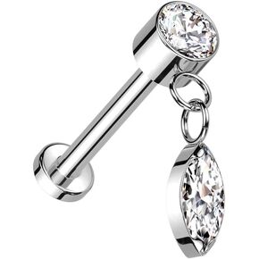 Pierced Owl 18GA ASTM F-136 Implant Grade Titanium Threadless Push-In CZ Crystal with Dangling Marquise Flat Back Stud