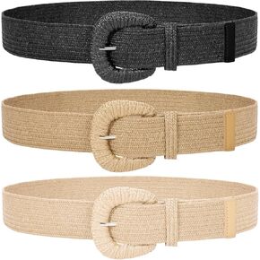 WHIPPY 3 Packs Women Straw Woven Elastic Stretch Waist Belts Fashion Boho Braided Skinny Ladies Dress Belt