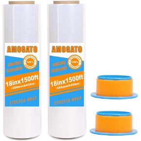 Stretch Film for Moving and Packaging - Strong, Residue-Free, Easy to Use with Blue Handles,80 Gauge, 2 Pack Clear 18 Inch x 1500 Feet