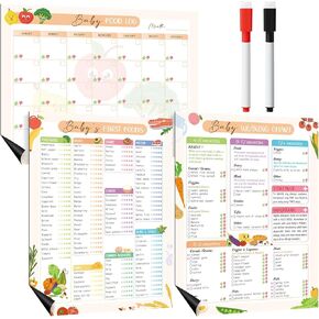 3 Pcs Baby's First Food Tracker Magnet Baby Weaning Chart Baby Food Log Checklist with 2 Dry-Erase Markers Baby Daily Meal Planner Journal 6 to 12 Months Newborn Fridge Recipes Lists