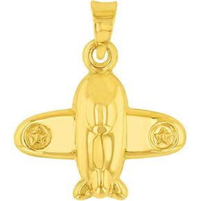 High Polish 14K Yellow Gold 3D Star Airplane Charm Aircraft Ascending Pendant