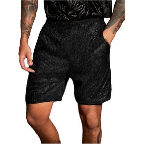 OYOANGLE Men's Sequin Sparkly Elastic Waist Shorts Shiny Straight Leg Partywear Rave Shorts