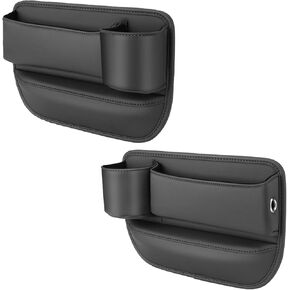 2-Pack Car Leather Cup Holder Gap Bag, Adjustable Car Seat Gap Storage Box Leather with Cup Holder for Phones Glasses Keys Cards (Black. Driver- Passenger)