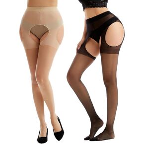Suspender Tights for Women Sheer Open Crotch pantyhose High Waist Garter Belt Tights 2 Pairs