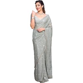 TRENDMALLS Women's Satin Siroski with Embroidery butti work Saree with Blouse Piece Piece