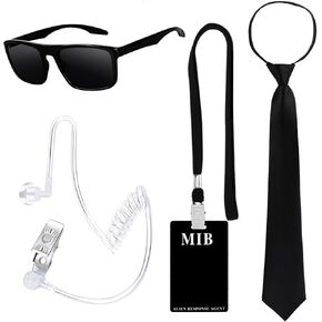 4Pcs Halloween Agent Costume Set Include Sunglasses Zip Tie ID Badge Prop and Fake Earpiece for Alien Party Dress Up（Style 1）