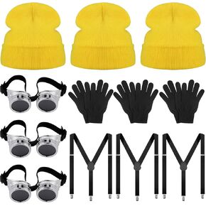 3 Sets Steampunk Cosplay Costumes Include Beanie Caps Sunglasses Adjustable Clip Suspender Gloves Chenille Stems