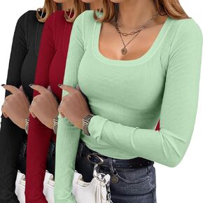 Ekouaer Womens 3 Pack Long Sleeve Shirts Square Neck Basic Ribbed Tops Tee Thermal Undershirts XS-XXL