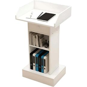 Wooden Podium, Floor Standing Podium Speaking Lectern Stand, Portable Podium Stand Reception Desk with Drawer, Lectern Podium Pulpit for Churches Classroom Office (White)