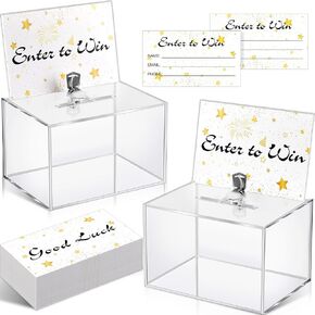 1 Pcs Acrylic Raffle Box with Lock 200 Pcs Raffle Tickets Cards Ticket Box with Sign Holder Suggestion Storage with Slot Clear Donation Collection for Vote