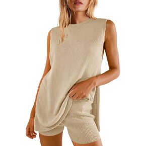 LAMISSCHE Womens 2 Piece Summer Outfits Sweater Set Sleeveless Tank Top Matching Shorts Casual Knit Lounge Sets