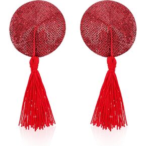 1Pair Nipple Covers, Women Reusable Breast Pasties Round Breast Bra with Sequins Tassel Adhesive Breast Pads Stickers Red
