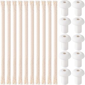 15 PCS 1/4" Round Oil Lamp Wicks with 10 PCS Holders 0.5FT Cotton Braided Lamp Wicks Replacement for Candle Lamp, Tiki Torches Alcohol Candle Burner Lampberger Kerosene Lamp