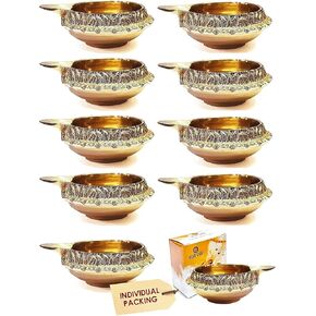 Satvik 10 قطع مصنوعة يدويًا من النحاس الذهبي المنقوش على شكل كوبر ديا مصنوعة من النحاس البكر. ديوالي ضياء فيلاككو لبوجا بوجا. مصباح الزيت الهندي التقليدي. عناصر هدايا ديكور ديباوالي (مجموعة 10 قطع.) in Kuwait