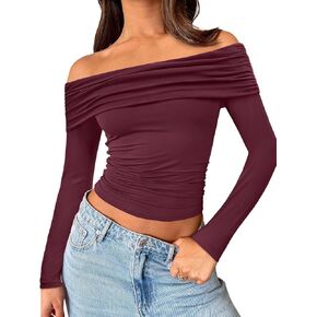 Trendy Queen Women Long Sleeve Shirts Off Shoulder Tops Going Out Crop Sexy Slim Fitted Y2K Fall Outfits 2024 Fashion Clothes