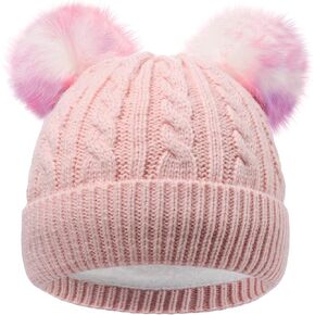 Kids Pom Pom Beanies Winter Caps Toddler Girls Warm Fleece Lined Knit Hat for 7-14 Years Old