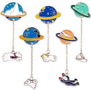 5 Pcs Cute Enamel Lapel Pin Set Planet with Cat Brooches Enamel Pin Backpack Clothing for Clothes Bags Backpacks