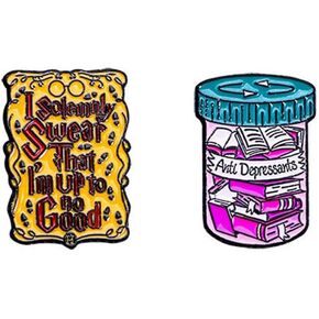 Cartoon Books Enamel Pin Vintage Anti-depressant Book Brooch Pink Bottle Pin Badge Funny Words Collar Lapel Pin Novelty Cartoon Cute Enamel Brooch Pins for Backpacks Set Badges Clothing Bags Jackets