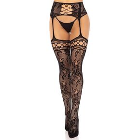Leg Avenue French rose lace backseam stockings with attached garter belt, O/S, BLACK