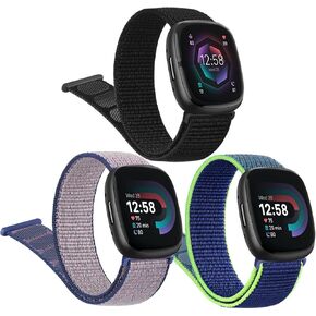 3 Pack Nylon Bands for Fitbit Sense Bands Women Men, Soft Breathable Adjustable Replacement Strap Wristbands for Fitbit Sense / Fitbit Versa 3 (Black/Cape Code Blue/Seashell)