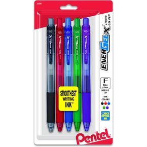 Pentel EnerGel-X Retractable Liquid Gel Pen, 0.5mm, Needle Tip, Assorted Ink, Pack of 5 (BLN105BP5M)