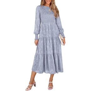 PRETTYGARDEN Women's Fall Midi Dress Long Sleeve Floral Smocked Elegant Wedding Guest Long Flowy Dresses