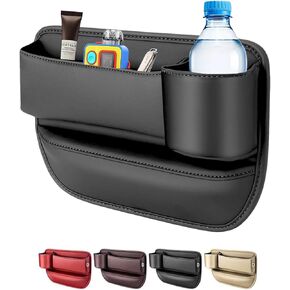 Car Leather Cup Holder Gap Bag, 2024 New Seat Gap Storage Box, Adjustable Leather Seat Car Gap Filler Organizer for Glasses Phones Keys and Cards(Black, Driver Side)
