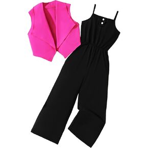 Floerns Girl's 2 Piece Outfits Waterfall Collar Open Front Vest Jacket And Wide Leg Cami Jumpsuit Set