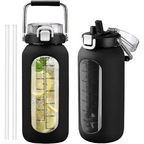 kytffu 64 oz Glass Water Bottle with Straw and Stainless Steel Handle, Half Gallon Water Bottle with Silicone Sleeve and Time Marker, 2L Large Glass Bottle for Gym, School, Travel, Leak-proof (Black)