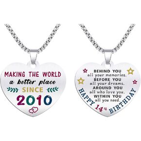 14th Birthday Gifts for Girls - Born In 2010 Birthday Gifts - Engraved Stainless Steel Heart Pendant Necklace - 14 Year Old Girls Birthday Gift