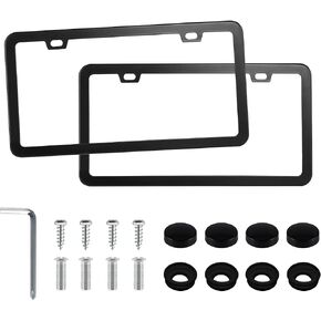 LivTee Black License Plate Frames, 2 Holes Stainless Steel License Plate Covers, 2PCS Car License Plate Holder, Automotive Exterior Accessories, Slim Design with Gasket Cover for US Cars