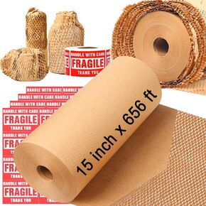 Honeycomb Packing Paper 10''x656' Substitute Alternative to Bubble Cushioning Wrap for Moving Shipping Packaging,Recyclable Moving Supplies Eco-Friendly Packing Paper with 250 Fragile Sticker Labels