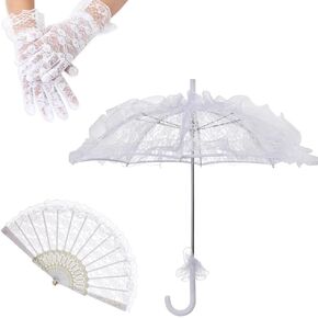 White Lace Parasol Umbrella Vintage Wedding Bridal Umbrella Parasol Lace Gloves Lace Handheld Folding Fan Embroidery Lace Parasol Set for Wedding Bride Tea Party Halloween Costume Party Decoration