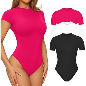 3 Pack Short Sleeve Crew Neck Body Suits for Women Casual Mutlicolor BodySuit Sets Basic T Shirts Tops