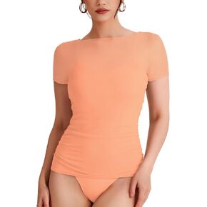 REORIA Women's Sexy Trendy Sheer Mesh Ruched Short Sleeve Two-Way Wear Thong Bodysuit Tops
