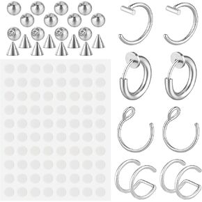 Fake Eyebrow Ring Fake Lip Piercing Studs Replacement Balls Spike Fake Nose Rings Hoop with 100Pcs Sticker Non-Piercing Body Jewelry Skin Piercing
