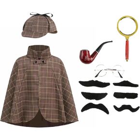 Detective Costume Kids Sherlock Holmes Costume Set 6 with Hat and Mustache Disguise Halloween Cosplay