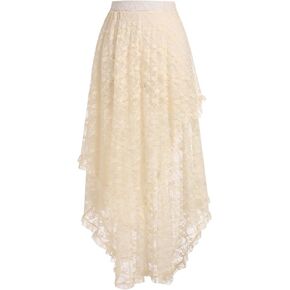 ABAFIP Women's High Waist Sheer Lace Tulle Floral Long Skirt Layered Asymmetrical Transparent Midi Skirts