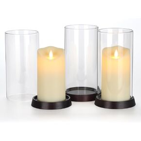 Hurricane Candle Holder Sleeve, 3PCS Wide 4", Height 8", Glass Candle Holder with Bamboo Plate Base, Open Ended Vases Candle for Tables, Bottomless Clear Glass Cylinder for Wedding Party Dining Gift