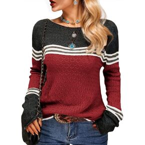 Womens Sweaters Fall Colorblock Pullover Long Sleeve Round Neck Cute Fitted Striped Knitted Tops for Women Trendy