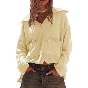 Saodimallsu Womens Collared Sweaters V Neck 2024 Fall Trendy Knit Loose Slit Pullover Tops with Pockets