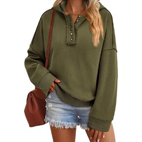 PRETTYGARDEN Womens Sweatshirt Hooded V Neck Button Hoodies Lightweight Tunic Pullover Tops 2024 Fall Trendy Outfits