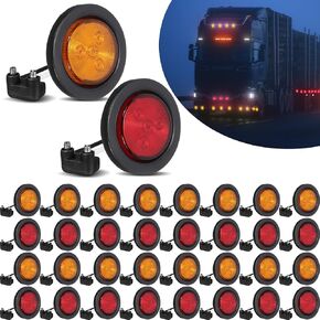 32 Pcs 2.5 Inch Round Trailer Side Marker Lights LED Marker Lights Truck Bed Lights 4 Diodes 12V LED Lights with Rubber Grommet Flush Mount Lights for Boat Trailer Truck RV, Red, Amber