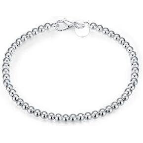 Sterling Silver 4MM Bead Ball Strand Bracelet- Handmade Ball Bracelet, Silver Beads Bracelet for Mens Women