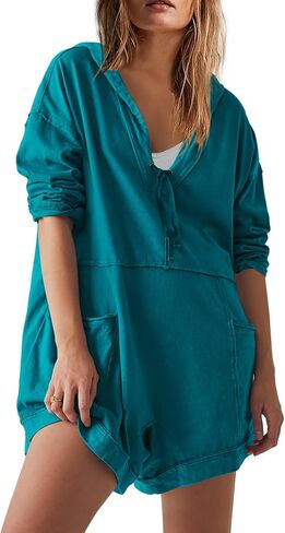 Yanekop Womens Oversized Romper Hoodie Jumpsuit V Neck Short Overalls Casual Long Sleeve Jumpers with Pockets in Saudi Arabia