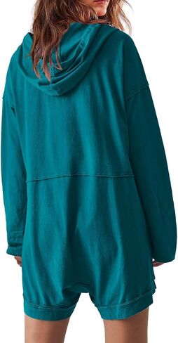 Yanekop Womens Oversized Romper Hoodie Jumpsuit V Neck Short Overalls Casual Long Sleeve Jumpers with Pockets in Saudi Arabia