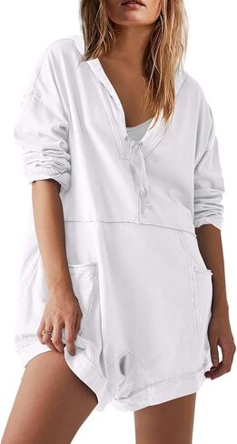 Yanekop Womens Oversized Romper Hoodie Jumpsuit V Neck Short Overalls Casual Long Sleeve Jumpers with Pockets in Saudi Arabia
