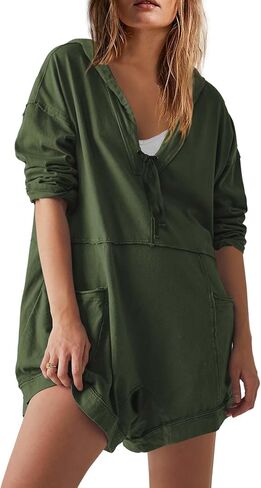 Yanekop Womens Oversized Romper Hoodie Jumpsuit V Neck Short Overalls Casual Long Sleeve Jumpers with Pockets in Saudi Arabia